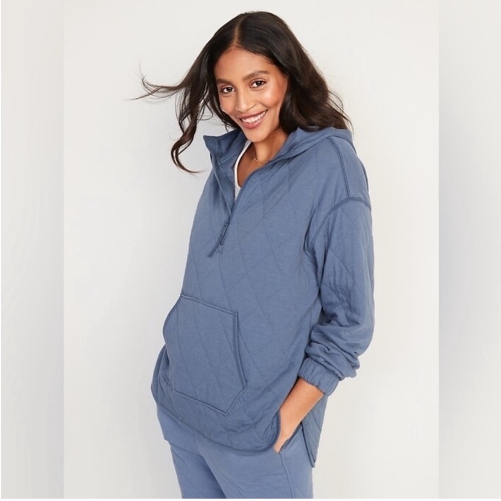 Blue Quilted Quarter-Zip Hoodie